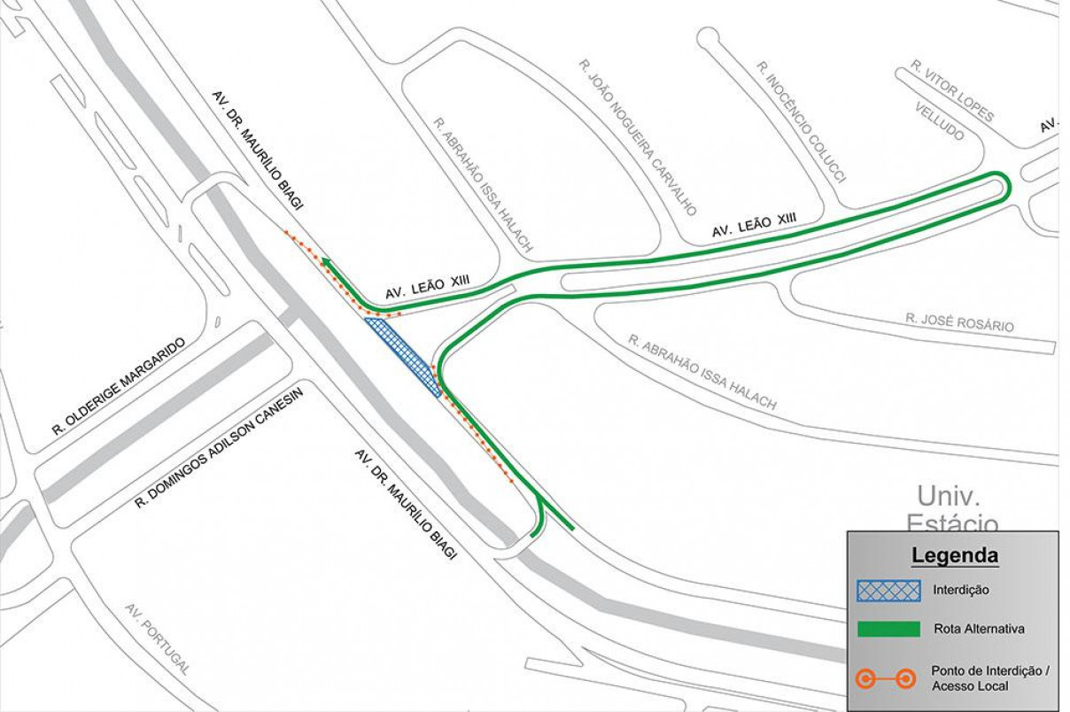 Mapa divulgado pela RP Mobi mostra trecho interditado e rota alternativa