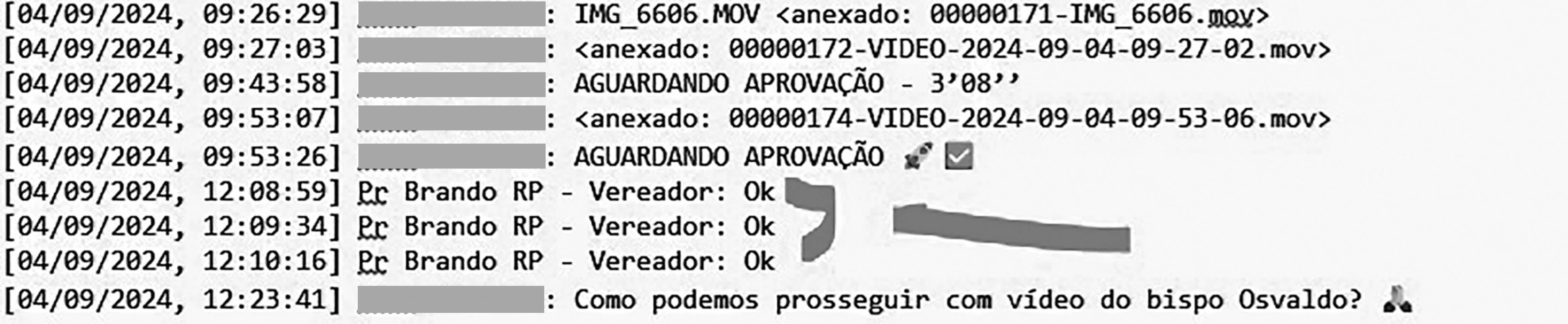 Mensagens trocas mostram envio de materiais para aprovação