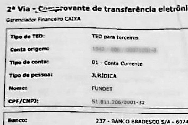 Comprovante de uma das transferências realizadas para a conta pessoal da ex-diretora da Fundet