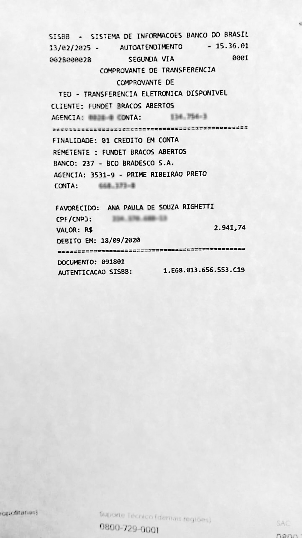 Comprovante de transferência da Fundet para conta da ex-diretora financeira