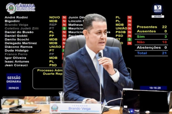 Perpectiva, vereador Brando Veiga atrás Painel de Votação