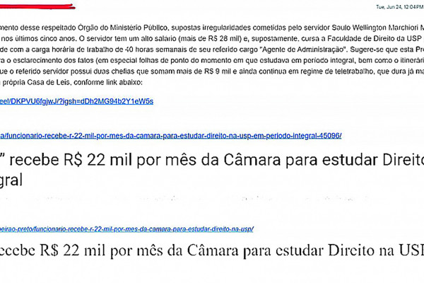 Cópia de denúncia feita ao Ministério Público sobre a situação do servidor