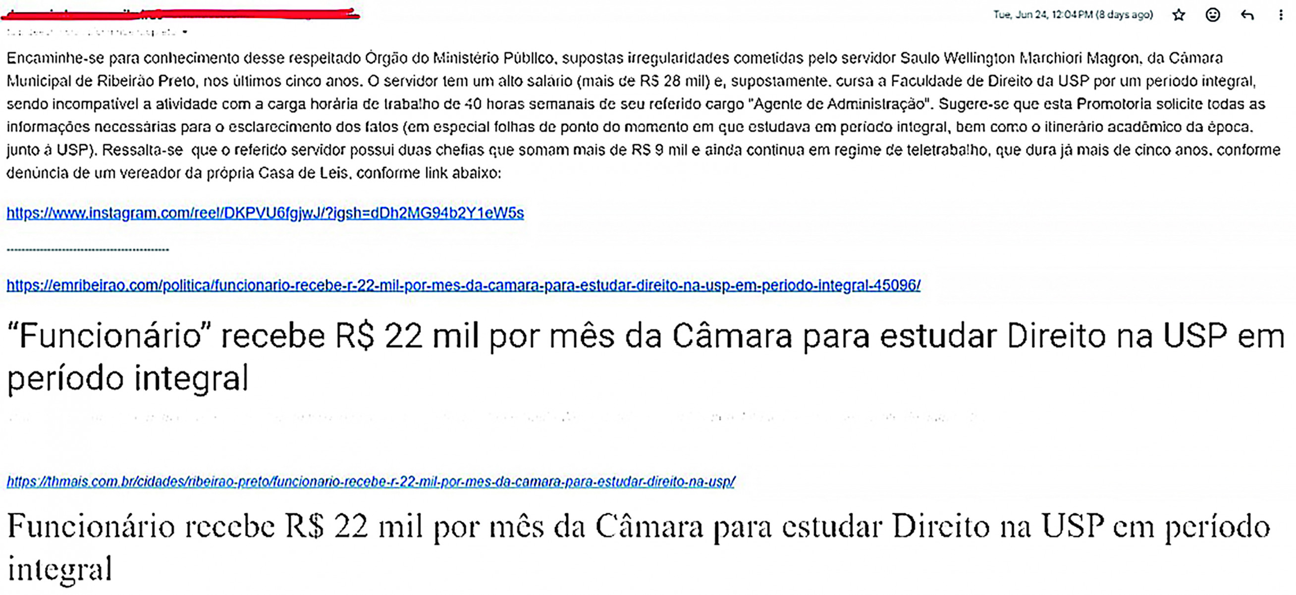 Cópia de denúncia feita ao Ministério Público sobre a situação do servidor