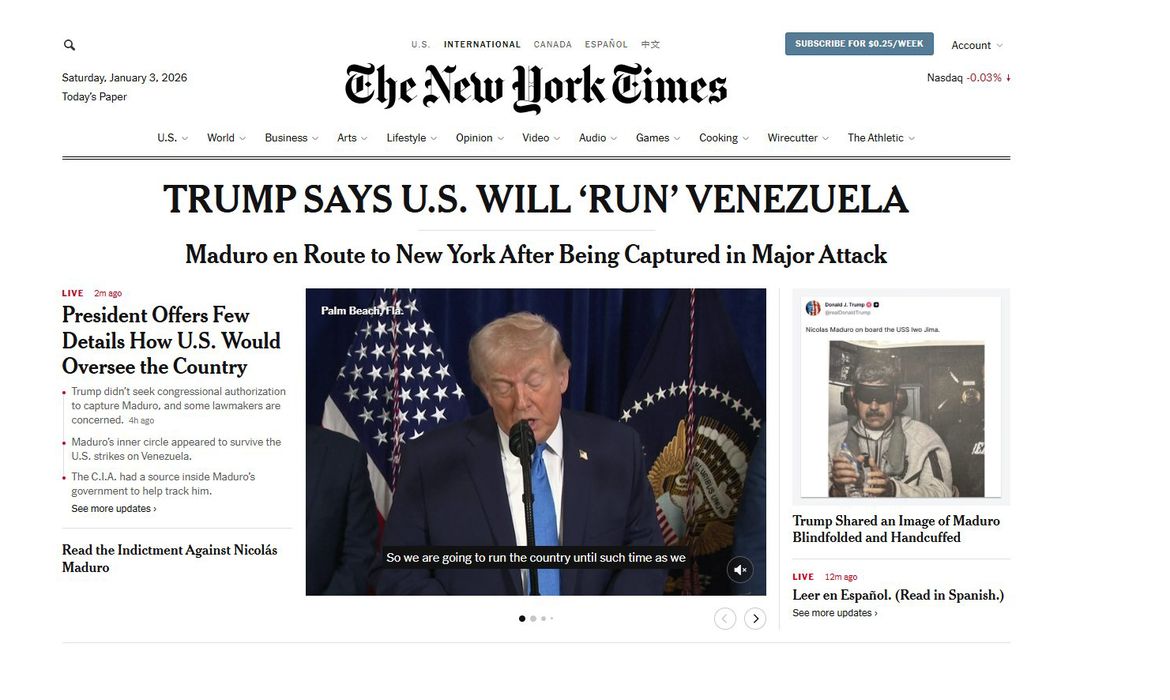 Ataque de Trump à Venezuela é ilegal e imprudente, diz New York Times