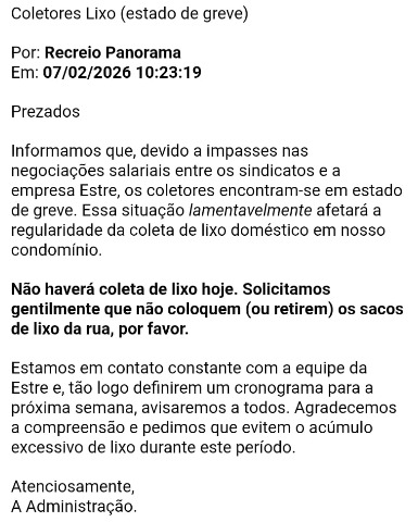 Alerta de Condominio sobre interrup&ccedil;&atilde;o da coleta de lixo