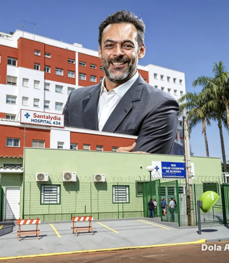 Secretário da Saúde em composição com prédios da FSL e UBS Santa Cruz