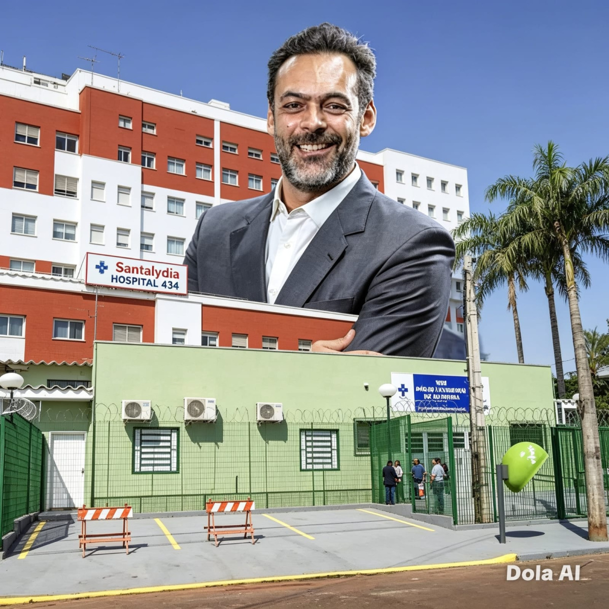 Secretário da Saúde em composição com prédios da FSL e UBS Santa Cruz
